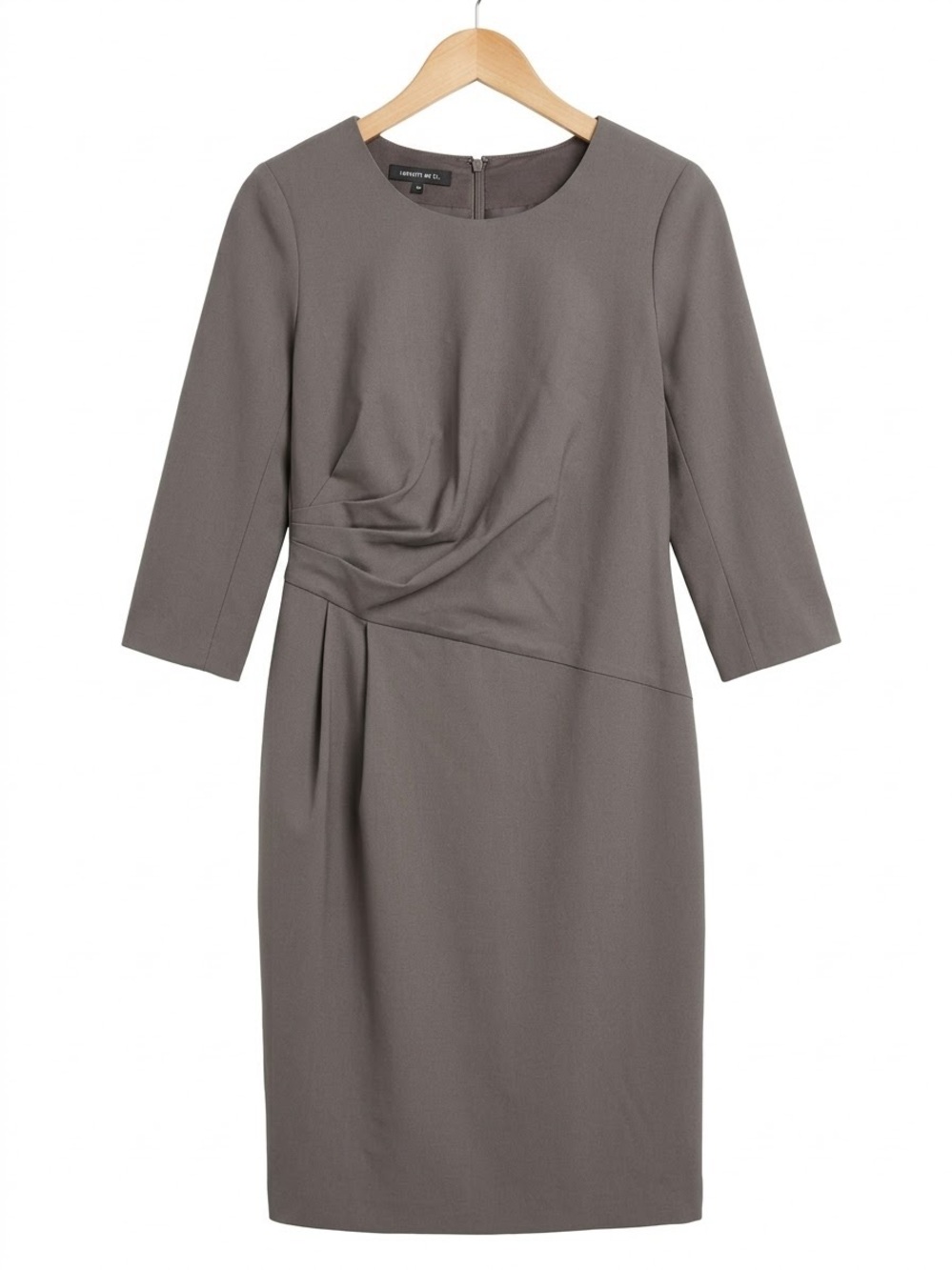 Lafayette 148 New York Draped Taupe Sheath Dress with Three-Quarter Sleeves